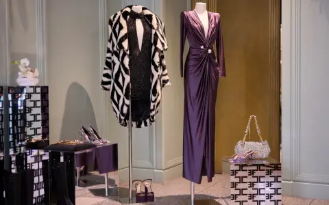 Elegancka suknia i futro na manekinach. Warto zwrócić uwagę na detale, by rozpoznać podróbkę Moschino.