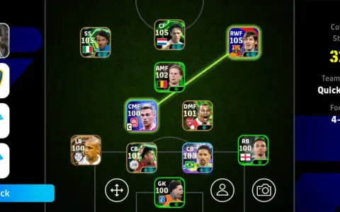 Formación 4-2-1-3 en efootball 2025, con jugadores como Messi y Roberto Carlos.