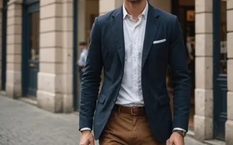 Elegancki mężczyzna w granatowej marynarce, białej koszuli i brązowych spodniach. Idealna stylizacja, która odpowiada na pytanie: jaka koszula do brązowych spodni.