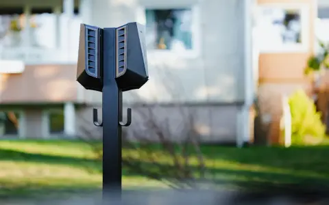 Svart laddstolpe Easee med krokar för laddkablar, placerad utomhus framför ett bostadshus.