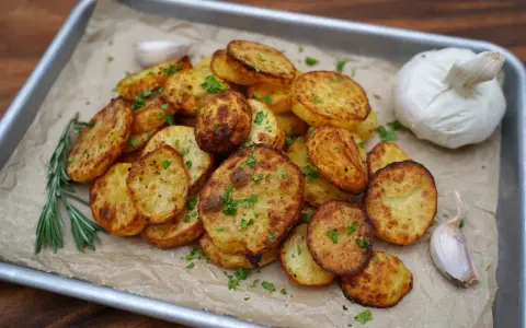 Knusprige Kartoffelscheiben aus dem Airfryer, garniert mit Petersilie, daneben Rosmarin, Knoblauch und eine ganze Knoblauchknolle.