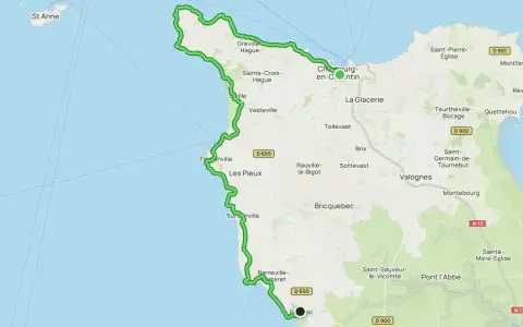 Carte du sentier des douaniers du Cotentin, longeant la côte de Goury à Barneville-Carteret, passant par Cherbourg.