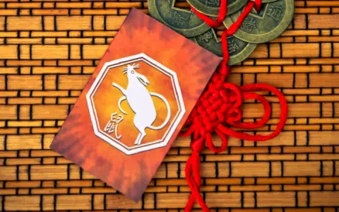 Chiński znak zodiaku - Szczur, symbol roku 1996, ozdobiony tradycyjnym węzłem i monetami.