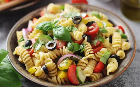 Un'insalata di pasta fredda sfiziosa con fusilli, pomodorini, olive nere, cetrioli, cipolla rossa e basilico fresco.