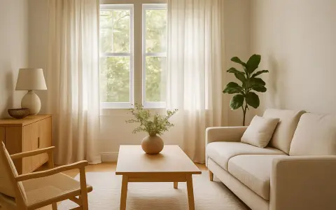 Sofá beige y silla de madera con asiento de lino tejido, junto a una mesa de centro de madera y cortinas claras.