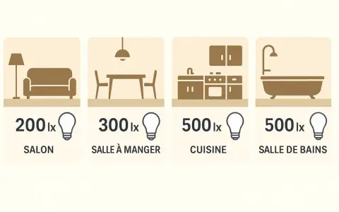 Recommandations d'éclairage : 200 lux pour le salon, 300 lux pour la salle à manger, 500 lux pour la cuisine et la salle de bains.