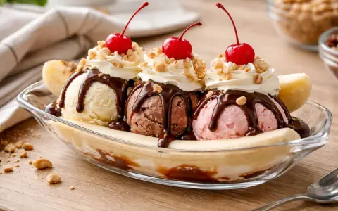 Délicieuse recette banana split : trois boules de glace (vanille, chocolat, fraise) sur une banane coupée, nappées de chocolat, chantilly et cerises.
