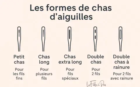 Illustration des différentes formes de chas d'aiguilles à main : petit chas, chas long, chas extra long, double chas et double chas à rainure, pour divers usages de fils.