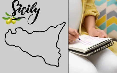 Una donna incinta scrive nomi femminili siciliani su un taccuino, ispirata dalla sagoma dell'isola.