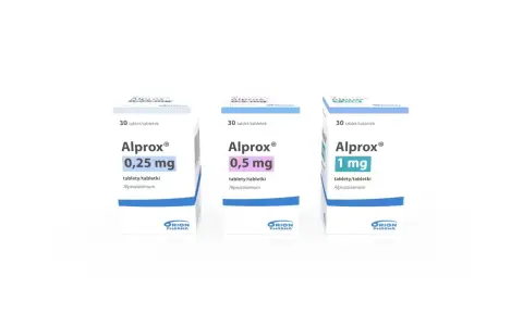 Trzy opakowania leku Alprox na co: 0,25 mg, 0,5 mg i 1 mg. Każde zawiera 30 tabletek z alprazolamem.