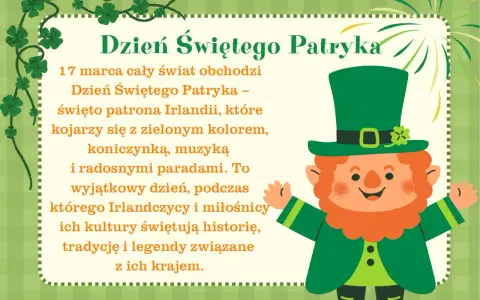 Uroczy skrzat w zielonym kapeluszu świętuje Dzień Świętego Patryka, patrona Irlandii. Obrazek nawiązuje do legend i tradycji tego kraju.