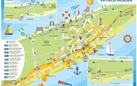 Mapa Krynicy Morskiej z zaznaczoną trasą rowerową i atrakcjami. Odkryj krynica morska trasę i zaplanuj wycieczkę.