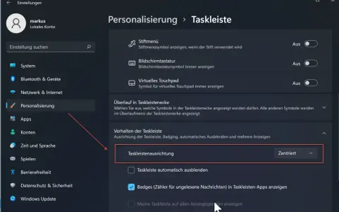 Windows 11 Einstellungen: Personalisierung > Taskleiste. Hier wird die Taskleistenausrichtung auf "Zentriert" eingestellt, aber man kann auch die **windows 11 taskleiste links** ausrichten.