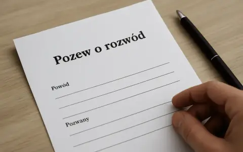 Dokument "Pozew o rozwód" z polami na wpisanie powodów i danych pozwanego. Długopis i dłoń sugerują przygotowanie argumentów do rozwodu.