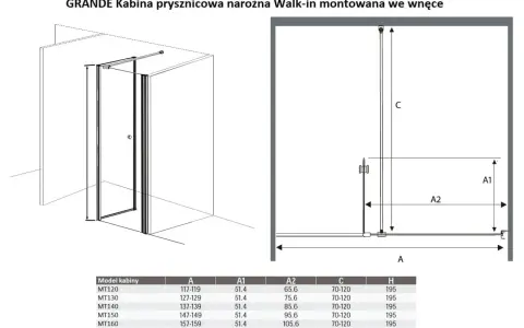 Wymiary kabiny prysznicowej GRANDE: szerokość A (117-159 cm), głębokość A1 (51,4 cm), A2 (65,6-105,6 cm), C (70-120 cm), H (195 cm).