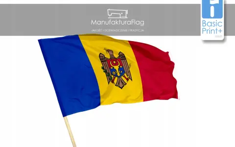 Flaga Mołdawii z godłem orła trzymającego berło i jabłko.