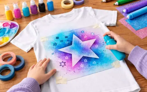 Dziecko tworzy wzór gwiazdy na koszulce, używając najlepszych farb do tkanin w sprayu.