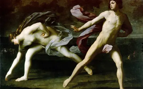 Pintura del barroco: Atalanta y Hipómenes compiten en una carrera, él usa manzanas doradas para distraerla.