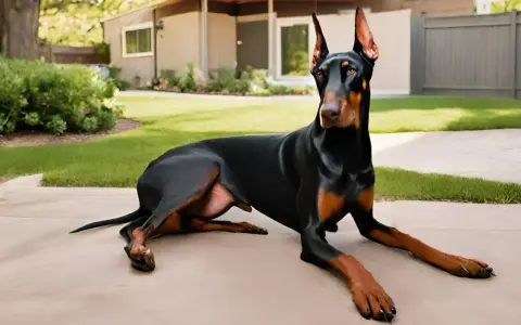 Czarny doberman leży na podjeździe. To wspaniały pies obronny i rodzinny, gotowy do ochrony domu i bliskich.