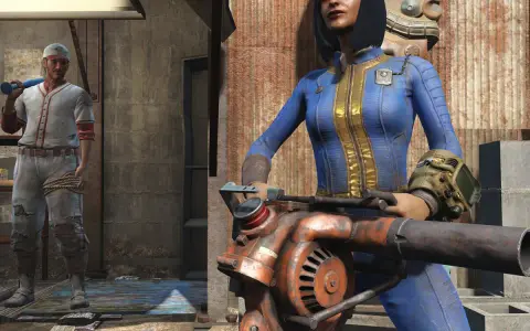 Una mujer con traje azul y un hombre con uniforme de béisbol, listos para la acción en Fallout London.