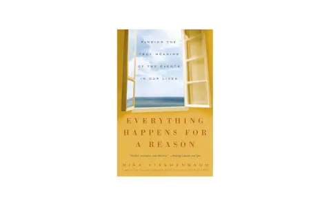 Book cover: "Everything Happens for a Reason" by Mira Kirshenbaum. A window opens to a serene ocean view, suggesting that everything happens for a reason.