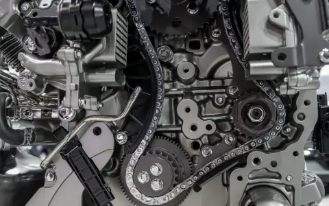 Dettaglio di un motore con ingranaggi e catena di distribuzione. La catena di distribuzione non si cambia, è un elemento cruciale per il funzionamento del motore.