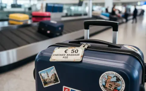 Granatowa walizka z etykietą "€ 50 CHECKED BAGGAGE FEE" na taśmie bagażowej na lotnisku.
