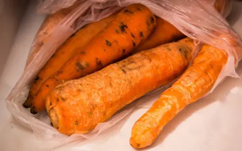 Kilka pomarańczowych marchewek w plastikowej torbie, na których widać ciemne plamy, oznaki pleśni.