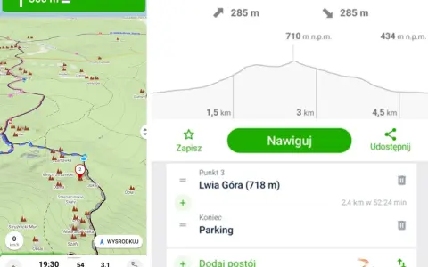 Mapa szlaku turystycznego z zaznaczoną trasą i profilem wysokościowym. Punkt docelowy to Lwia Góra (718 m).