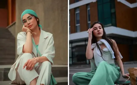 Dwie kobiety w miętowych stylizacjach: jedna w jasnym garniturze i chustce, druga w topie i dresach.