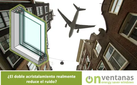 Ilustración de un perfil intercalario para doble acristalamiento, con un avión sobrevolando edificios.