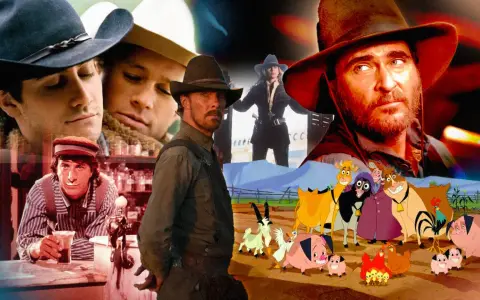 Collage di scene da film western, con personaggi famosi e animali animati, per celebrare i migliori film western.