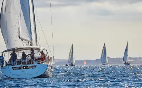 Mehrere Segelboote auf dem Meer, eines mit pinkem Segel, im Hintergrund eine Stadt. Ein spannendes Rennen beim arc segeln.