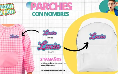 Parches con nombres bordados para pegar con plancha. Personaliza tu ropa y mochila con el nombre "Lucia" en dos tamaños. ¡Vuelta al cole fácil!