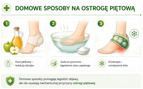 Babcine sposoby na ostrogi piętowe: okład z octu jabłkowego, kąpiel z sodą, krioterapia. Pomagają łagodzić objawy.