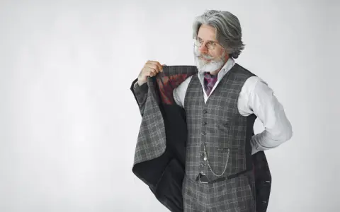 Elegancki mężczyzna z siwą brodą i wąsami, ubrany w garnitur w kratę, prezentuje się jak arbiter elegantiarum.
