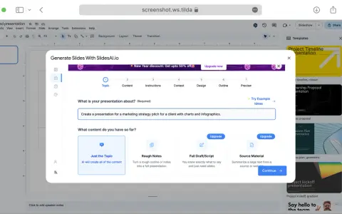 Genera slide con SlidesAI.io: crea una presentazione per un pitch di strategia di marketing.