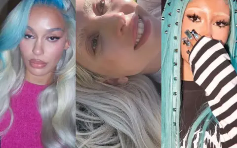 Trois femmes aux cheveux bleus et blancs, avec une **dépigmentation sourcils** audacieuse. L'une porte un pull fuchsia, l'autre est allongée, la troisième a des clous sur ses cheveux.