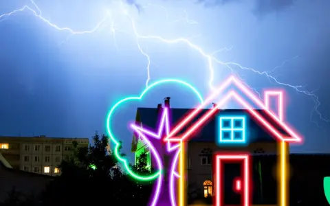 Orage violent avec éclairs au-dessus d'une maison. Un paratonnerre sur le toit protège la demeure.