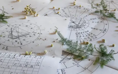 Papierowe wykresy astrologiczne, symbole i linie tworzą skomplikowany wzór. Obok leżą gałązki i drobne kwiaty, jakby ktoś chciał obliczyć horoskop wedyjski.