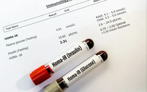 Wyniki badań HOMA-IR, wskazujące na insulinooporność. Dwie probówki z próbkami krwi.