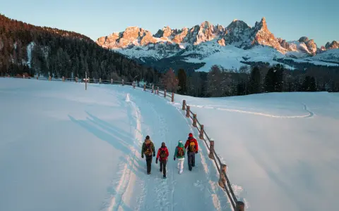 Quattro escursionisti camminano su un sentiero innevato al Passo di Lavazè, con le maestose vette dolomitiche illuminate dal sole al tramonto.