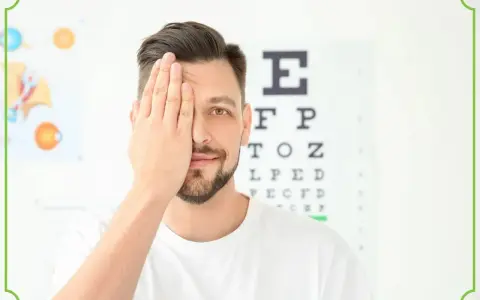 Mężczyzna zasłaniający jedno oko na tle tablicy Snellena.