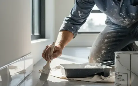 Un peintre applique une couche de peinture sur une plinthe, juste au-dessus du carrelage.