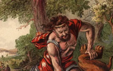 Samson, biblijny siłacz, walczy z lwem w lesie. W tle widać ludzi i krajobraz.
