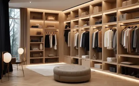 Elegancka garderoba z markami premium ubrania, wyeksponowanymi na półkach i wieszakach.