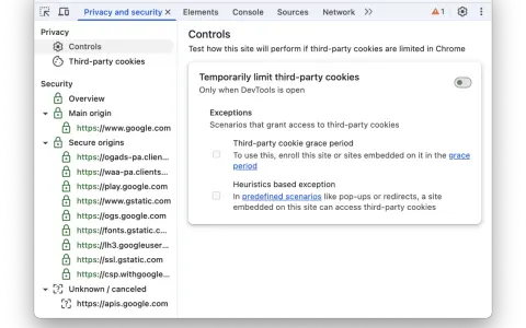 Panel "Privacy and security" w Chrome DevTools, pokazujący opcje tymczasowego ograniczania plików cookie stron trzecich.