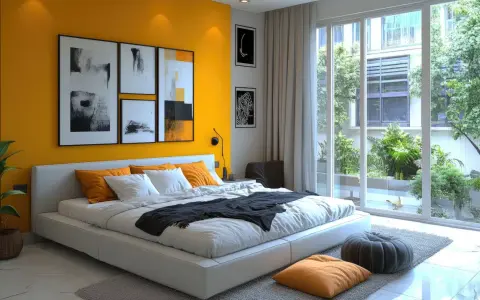 Camera da letto moderna con parete gialla e quadri astratti sopra il letto. Un esempio di come disporre i quadri in camera da letto per un effetto d'impatto.