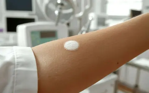 Une plaque blanche sur la peau, appliquée sur un bras dans un environnement médical.