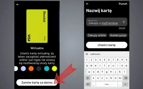 Jak aktywować kartę Revolut: wybierz kolor, nazwij kartę "Zakupy u majfriendow" i utwórz ją.